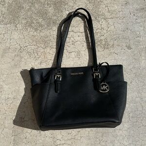 Michael Kors Black Leather Tote with MK Logo Charm